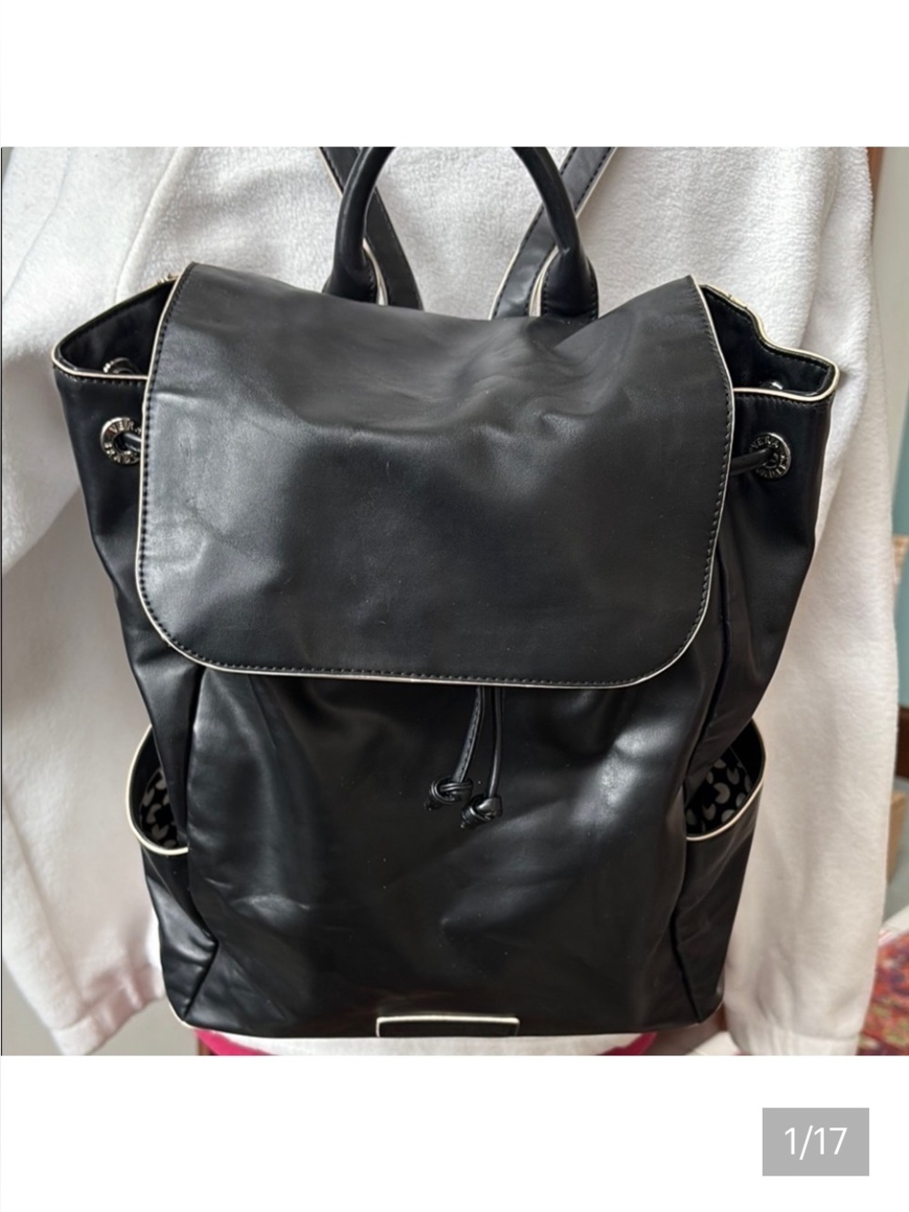 Vera Bradley  backpack   vegan leather  black/white edging cinch top/flap NWOT